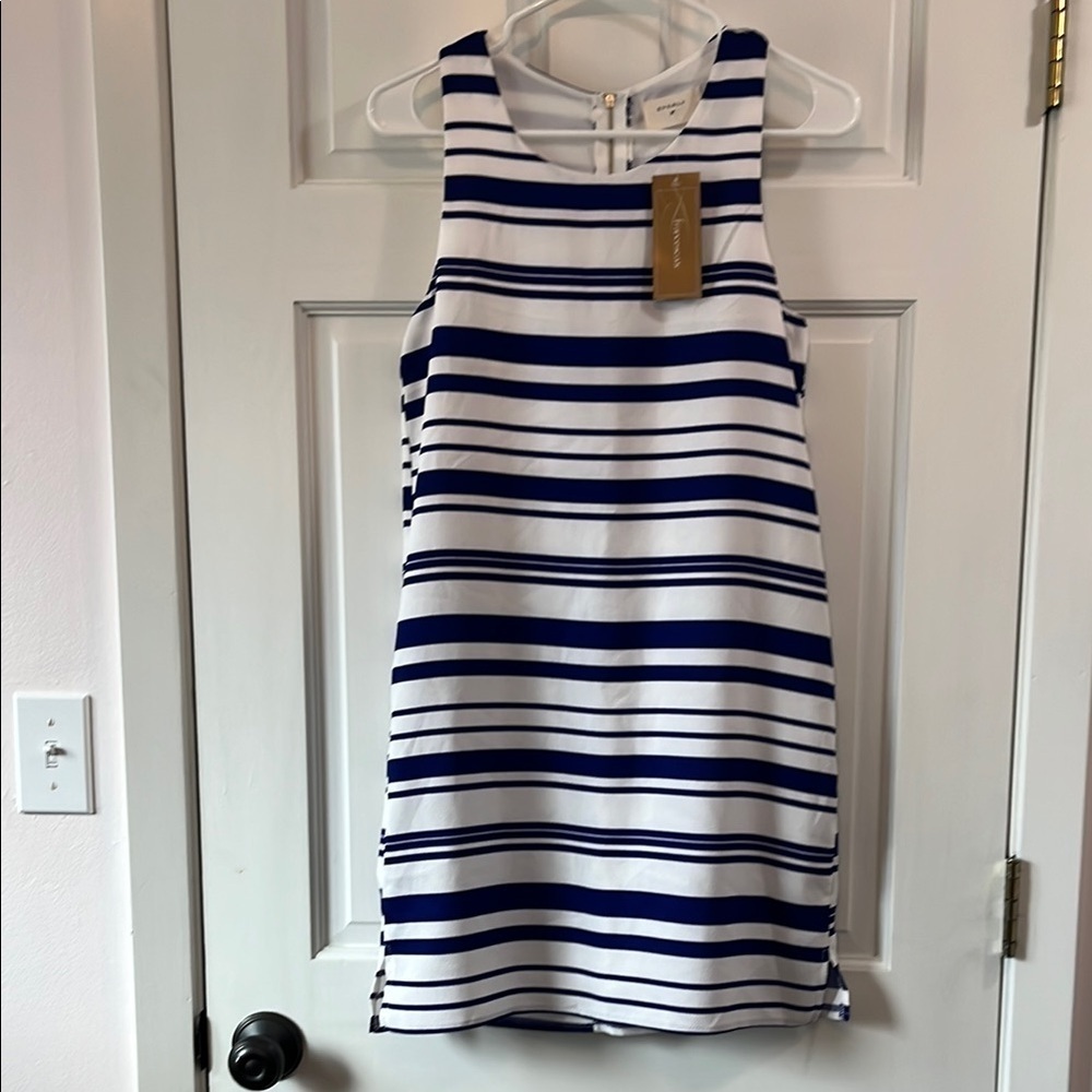 NWT Everly Francesca's Striped Navy Blue and White Sleeveless Dress - Size Small